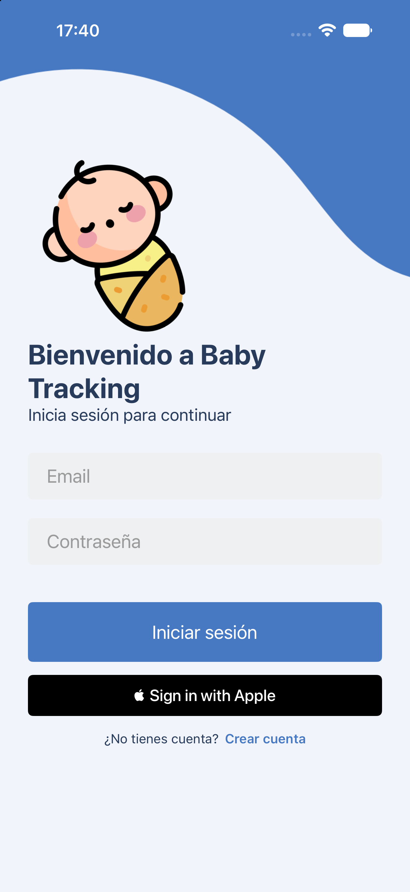Pantalla real de acceso de Baby Tracking